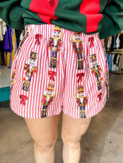 QOS Red Stripe Scattered Nutcracker & Bow Cotton Shorts