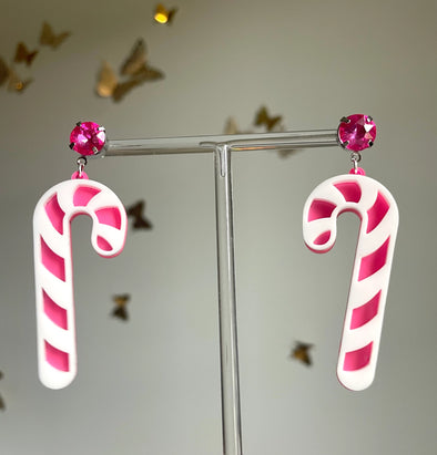 Louie Love Neon Pink Candy Cane Acrylic Earrings