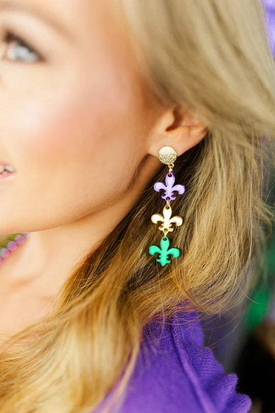 Taylor Shaye Mardi Gras Triple Fleur De Lis Earrings