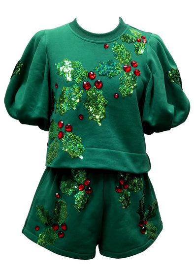 QOS Green Poof Sleeve Holly Top