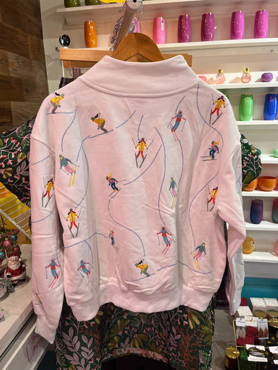 QOS White Multi Skier Snow Patch Mock Neck Sweatshirt