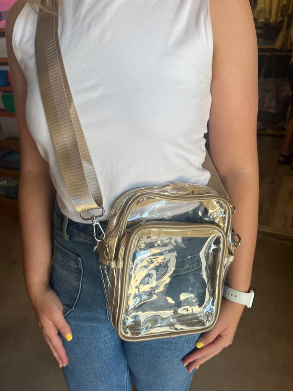 Gold Clear Double Pocket Crossbody Stadium Bag
