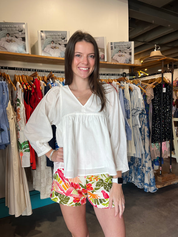 Before You White Cotton V-Neck Blouse