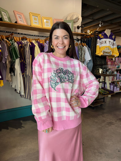 QOS Licensed Pink Gingham Glinda Crown Sweater