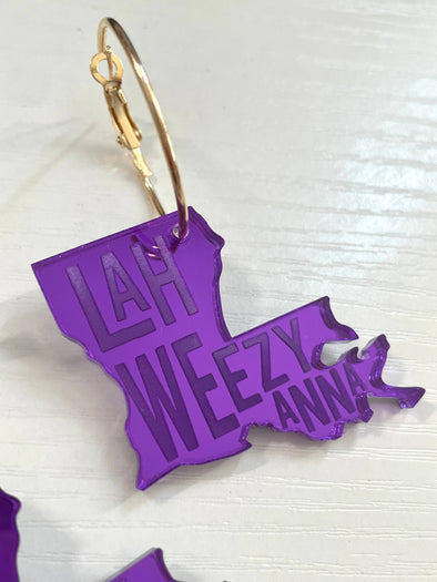 Louie Love Mirror Purple Acrylic Louisiana State Hoop Earrings