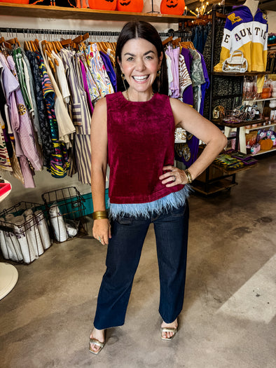 THML Burgundy Sleeveless Suede Feather Hem Top
