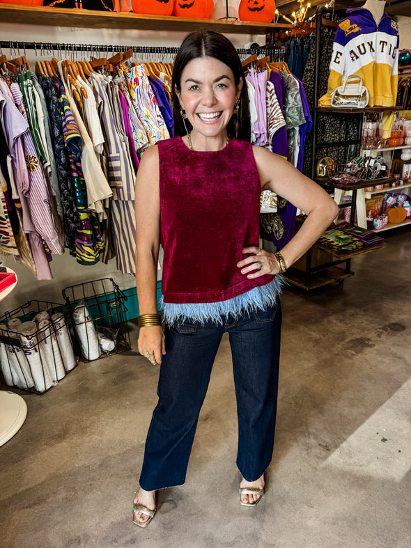 THML Burgundy Sleeveless Suede Feather Hem Top