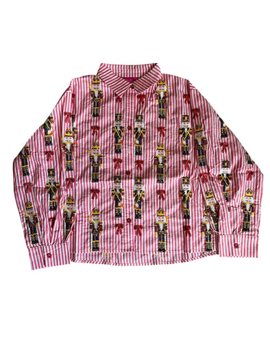 QOS Red Stripe Scattered Nutcracker & Bow Cotton Button Up Top