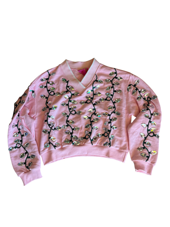 QOS Light Pink Clear Jeweled Christmas Light Sweatshirt