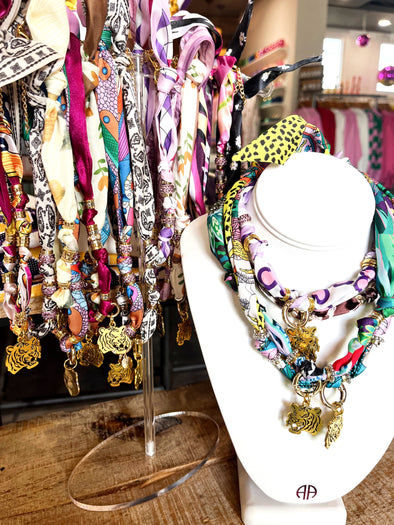 Scarf Necklace with Gold Tiger Head