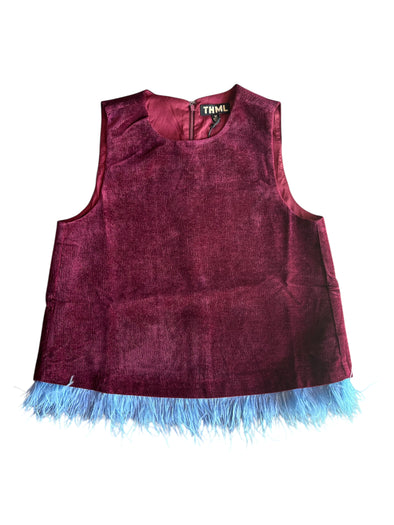 THML Burgundy Sleeveless Suede Feather Hem Top