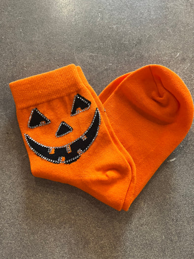 QOS O/S Orange Pumpkin Rhinestone Socks