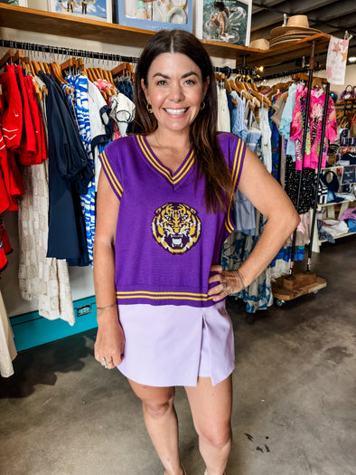 QOS Licensed LSU V-Neck Striped Cuff Sweater Vest