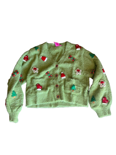 QOS Green Fuzzy Knit Christmas Icon Cardigan