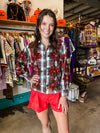 QOS Red, Green, & White Plaid Poinsettia Cotton Button Up Top