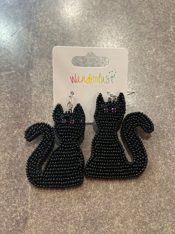 Beaded Sitting Black Bat Earrings