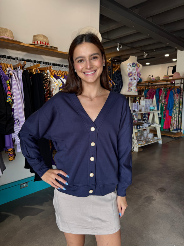 P. Cill Navy Pearl Button Cardigan