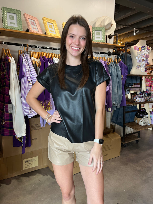 Pinch Black Leather Short Sleeve Top