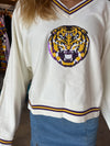 QOS Licensed LSU V-neck Striped Cuff Sweater with Small Mascot