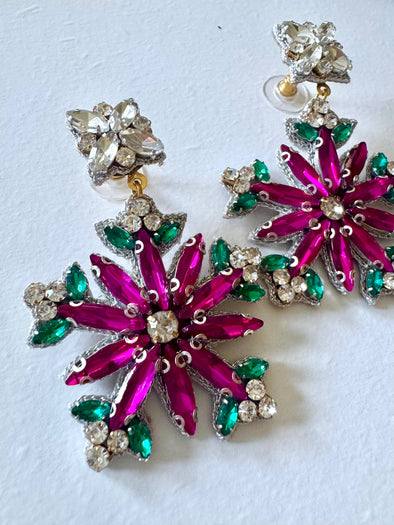 Louie Love Beaded Pink & Blue Snowflake Christmas Winter Earrings