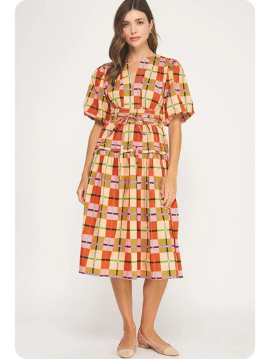 Strut and Bold Multicolor Printed Plaid Midi Dress