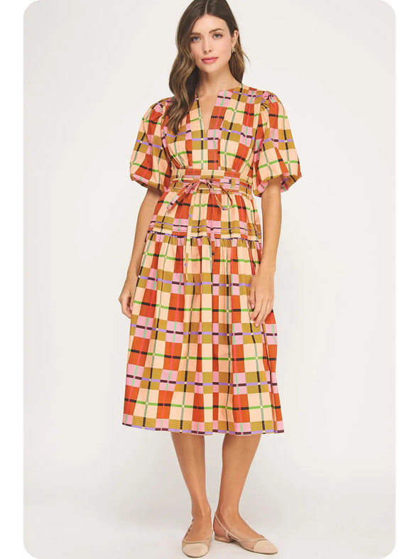 Strut and Bold Multicolor Printed Plaid Midi Dress