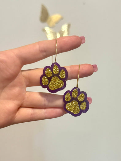 Louie Love Purple Glitter Gold Football Sports Paw Hoop Earrings