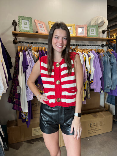 She+Sky Red Sleeveless Striped Button Down Knit Sweater Vest