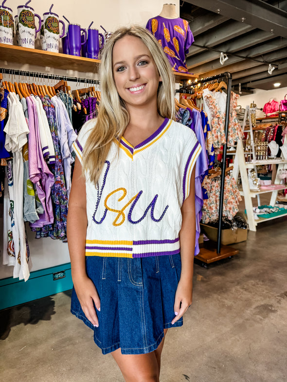 QOS Licensed White, Purple & Gold Pearl 'LSU' Sweater Vest