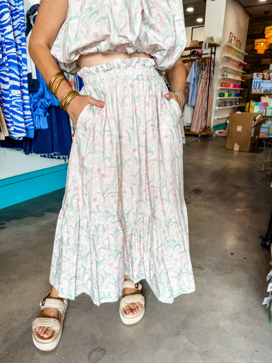 Aureum Pink Floral Print Midi Skirt