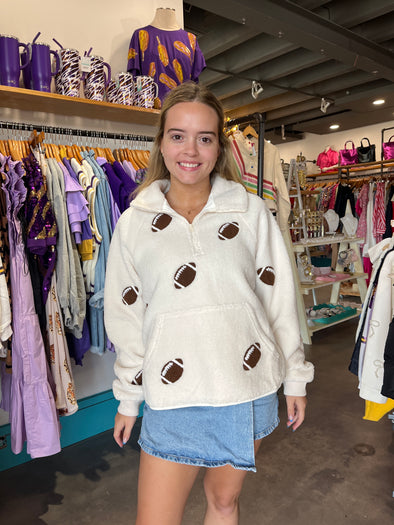 Why Dress Fuzzy White and Brown Football Pullover