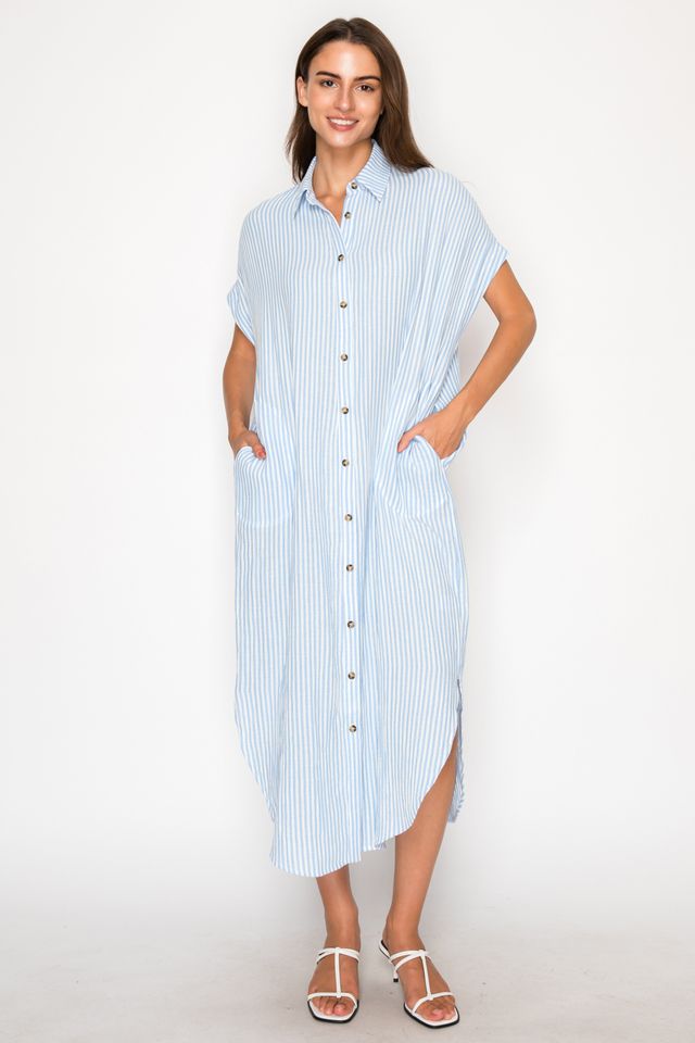 Meet me in Santorini Blue Gauze Stripe Shirt Dress Meet me in Santorini Blue Gauze Stripe Shirt Dress
