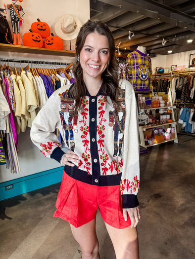 QOS Black Trim Nutcracker & Candy Cane Button Up Cardigan