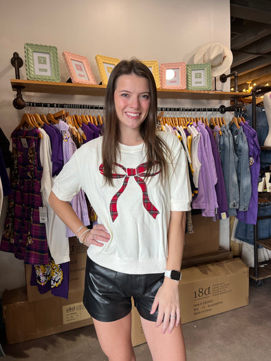 She+Sky Cream Short Sleeve Plaid Bow Knit Top