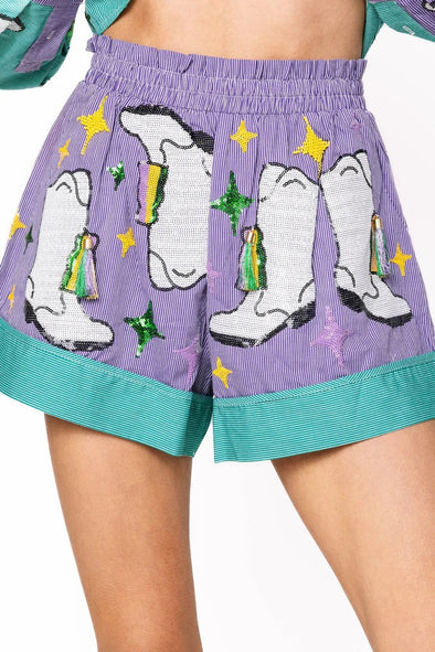 QOS Green & Stripe Colorblock Mardi Gras Boot Short