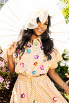QOS Brown & White Polka Dot Sequin Flower Cotton Button Up Top
