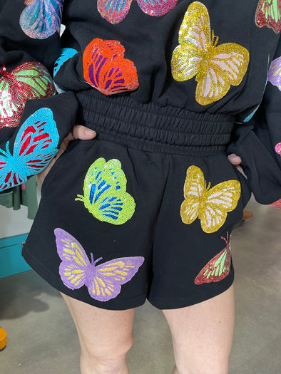 QOS Black Multi Butterfly Shorts