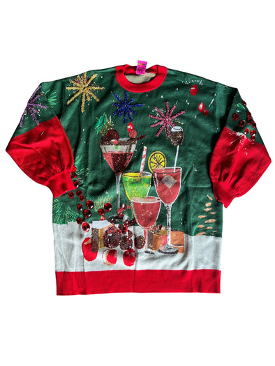 QOS Dark Green and Red Christmas Cocktails Sweater Dress