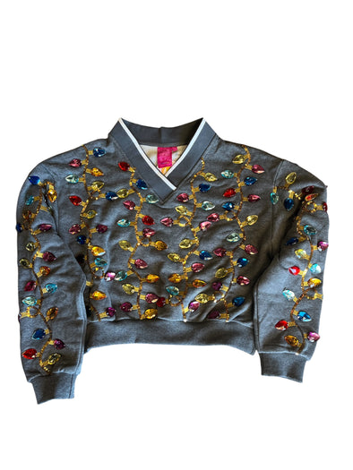 QOS Charcoal Jeweled Christmas Light V-Neck Sweatshirt