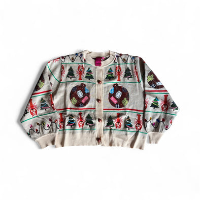 QOS Ivory Cajun Christmas Icon Button Up Sweater