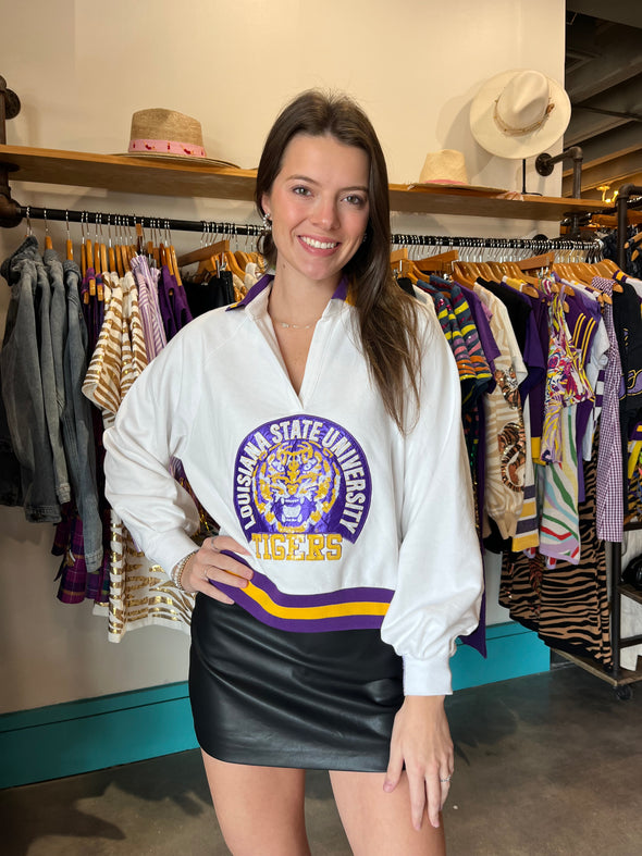 QOS Licensed LSU Striped Collar Circular Mascot Sweatshirt