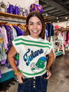 QOS Licensed White & Green "Tulane' Striped Short Sleeve Top