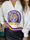 QOS Licensed LSU Striped Collar Circular Mascot Sweatshirt