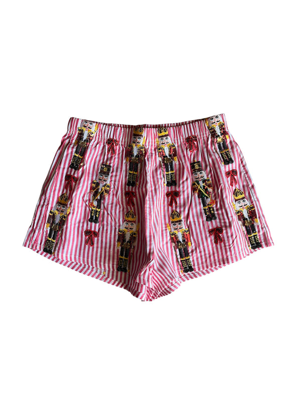 QOS Red Stripe Scattered Nutcracker & Bow Cotton Shorts