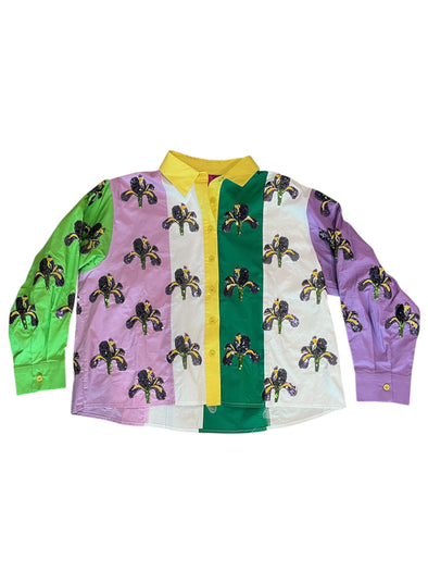 QOS Purple,Green,Yellow,&White Colorblock Iris Button Up Top