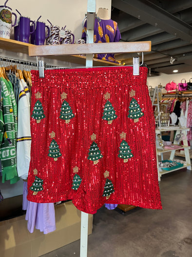 Why Dress Red Christmas Tree Sequin Shorts