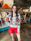 QOS Ivory Cajun Christmas Icon Button Up Sweater