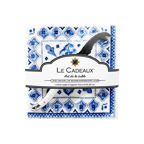 Le Cadeaux Cocktail Napkins & Cheese Knife Set- Moroccan Blue
