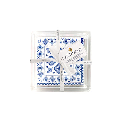 Le Cadeaux Cocktail Napkins & Acrylic Holder Gift Set- Moroccan Blue