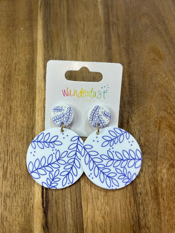 Blue and White Round Leaf Earrings